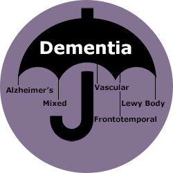 umbrella icon depicting umbrella term 'dementia'. Underneath the umbrella, four common types of dementia are listed: Lewy Body, Vascular, Frontotemporal and Alzheimer's.