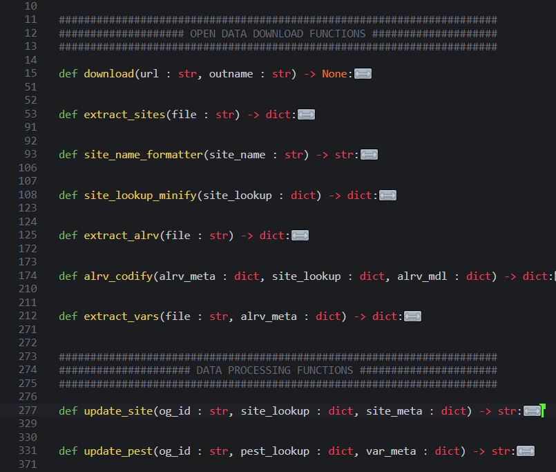 Image of Python code, showing 2 sections with clear headings: OPEN DATA DOWNLOAD FUNCTIONS and DATA PROCESSING FUNCTIONS.