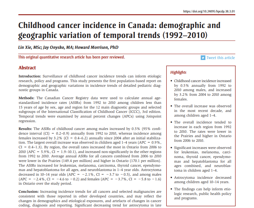 Childhood cancer incidence in Canada: demographic and geographic variation of temporal trends (1992–2010)