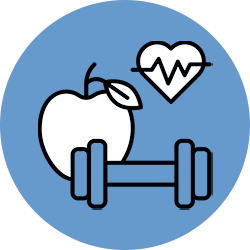 Cartoon image of an apple, a dumbbell, and a heart.