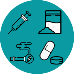 Icon showing different forms of drugs (needle, powder, pipe and pills)